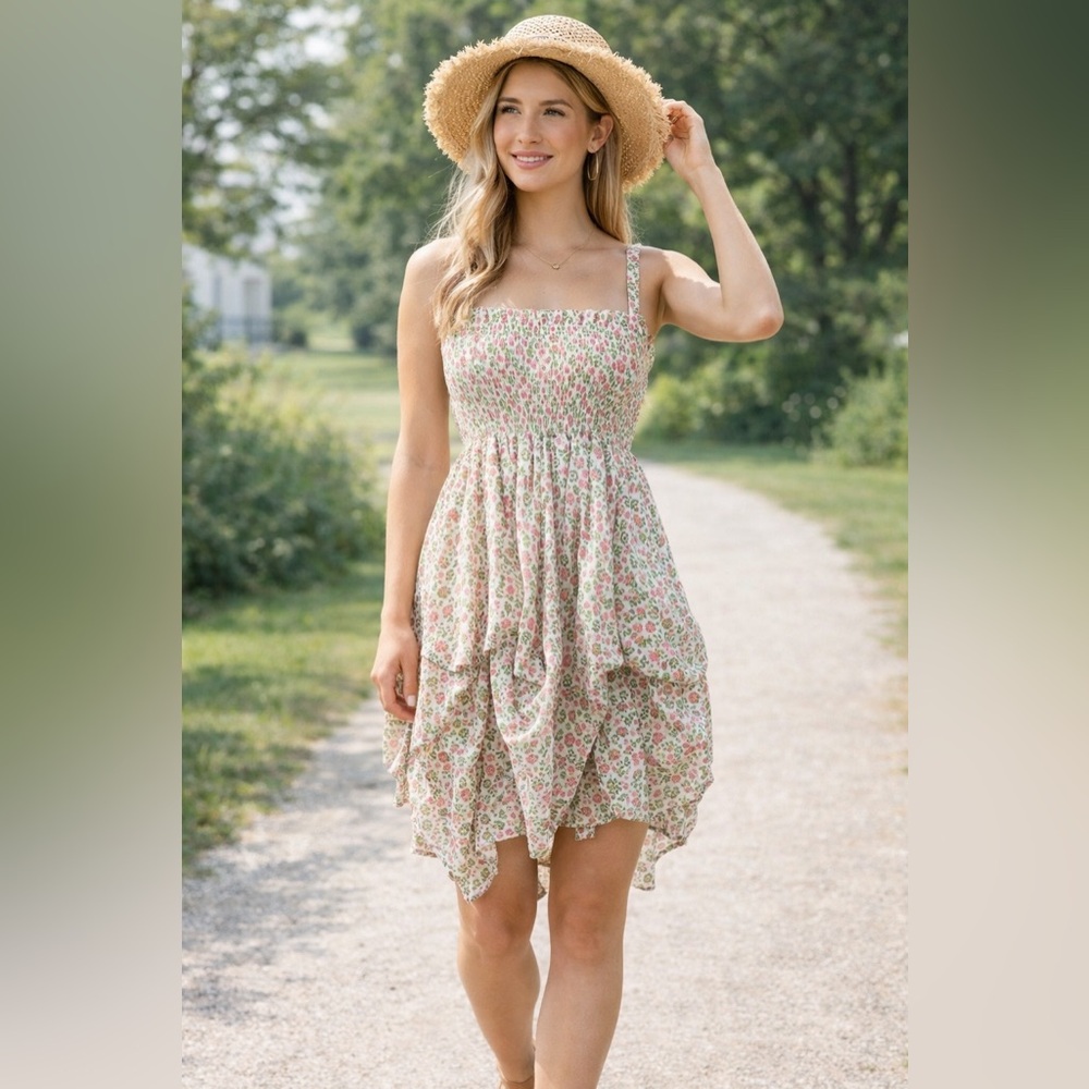 Olsenboye Floral Mini Dress Pink Green Size M Cottagecore Summer Flowy Cute Boho